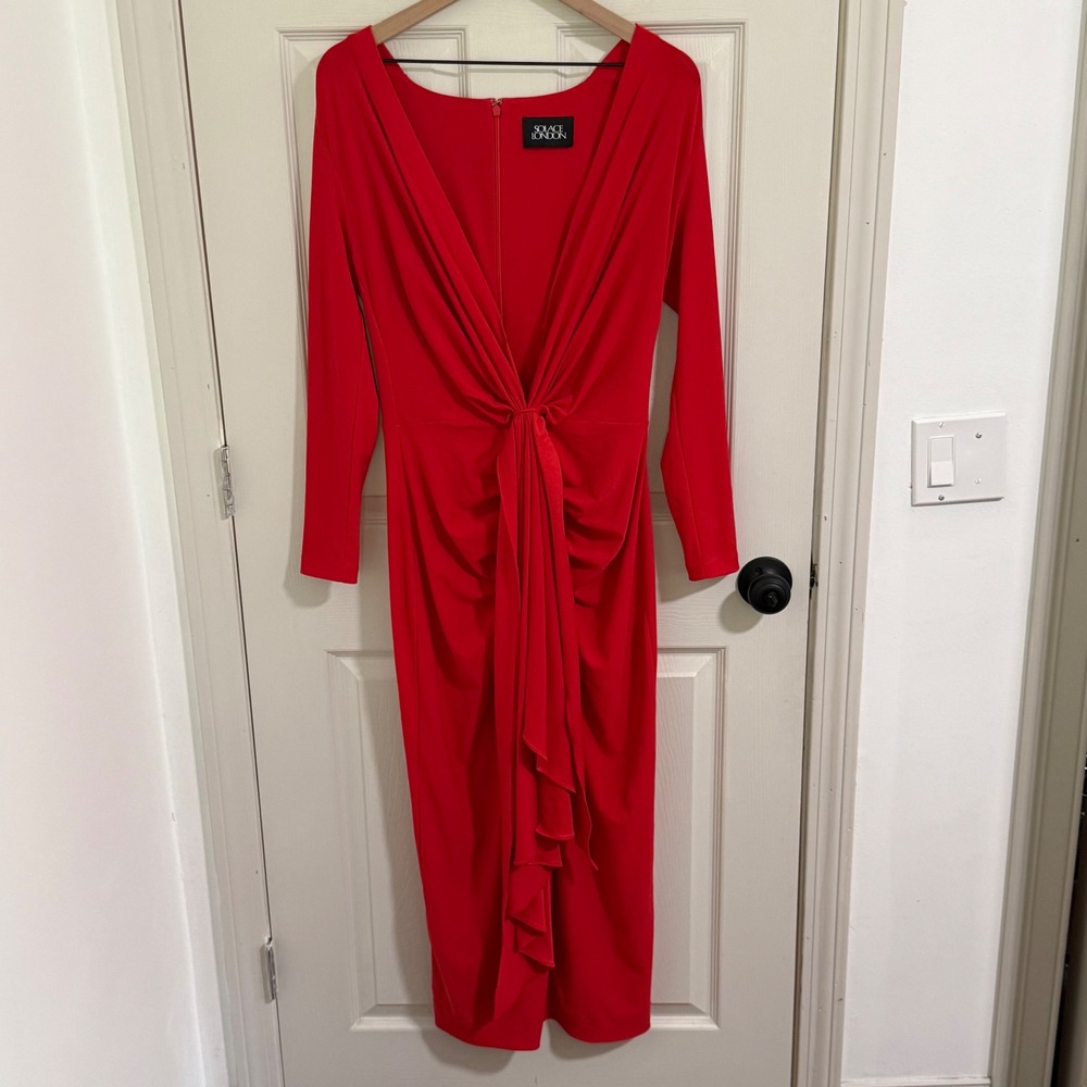 Solace London Lorena Midi Dress Women 8 Red Plunge Knot Draped Cocktail Formal - Picture 4 of 14